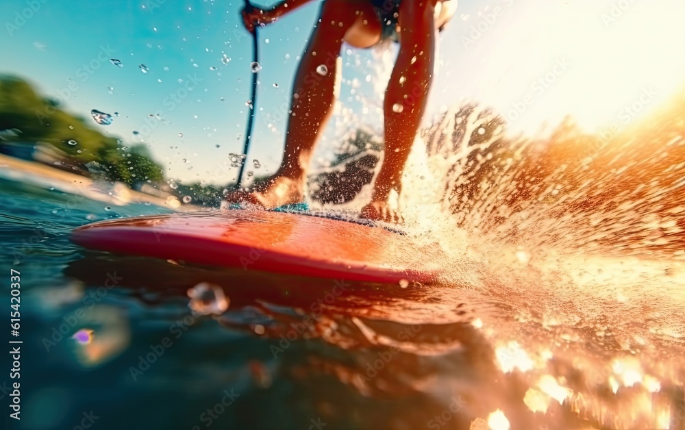 Fototapeta premium A man surfing surfboard on the sea at the sunset sky
