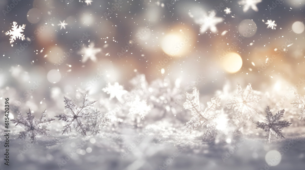 golden christmas snowflakes background with bokeh light created with Generative AI