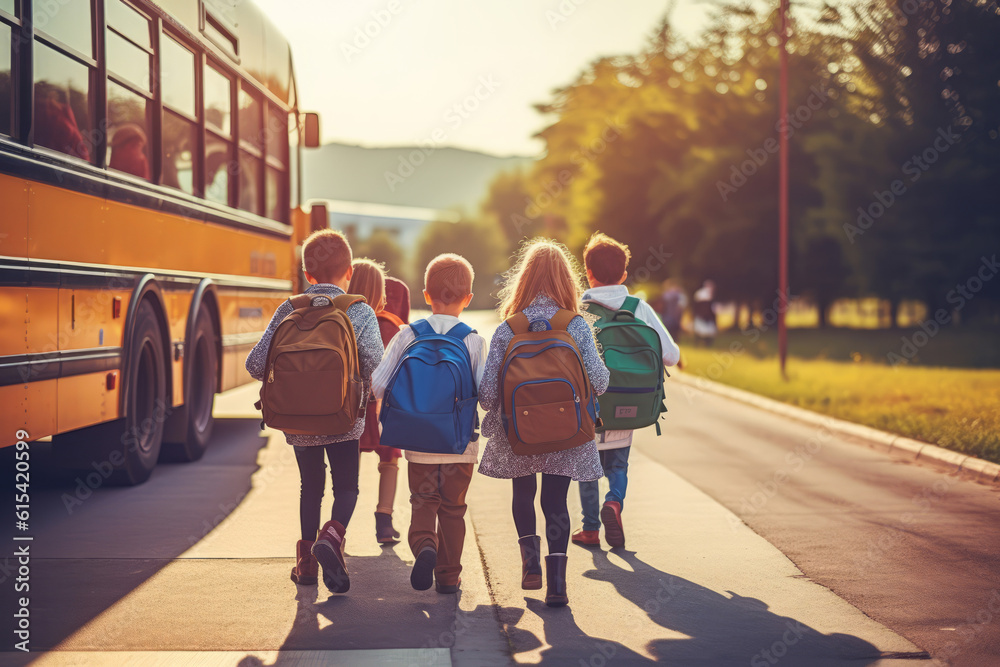 School children wearing backpacks walk towards a school bus to take