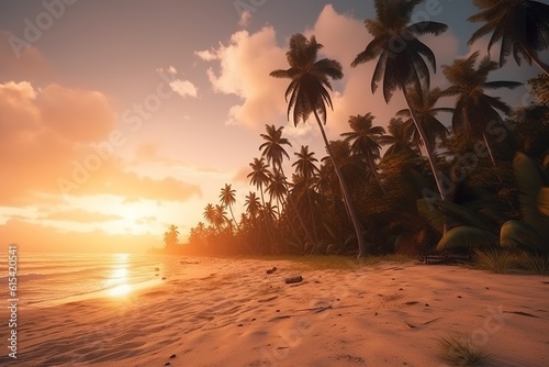 Serenity at Sunset: Beautiful Beach with Coconut Trees and Tropical Vibes, Beautiful beach, Coconut trees, Sunset, Serene, Tropical paradise, Beachscape, Coastal beauty, Tranquility,