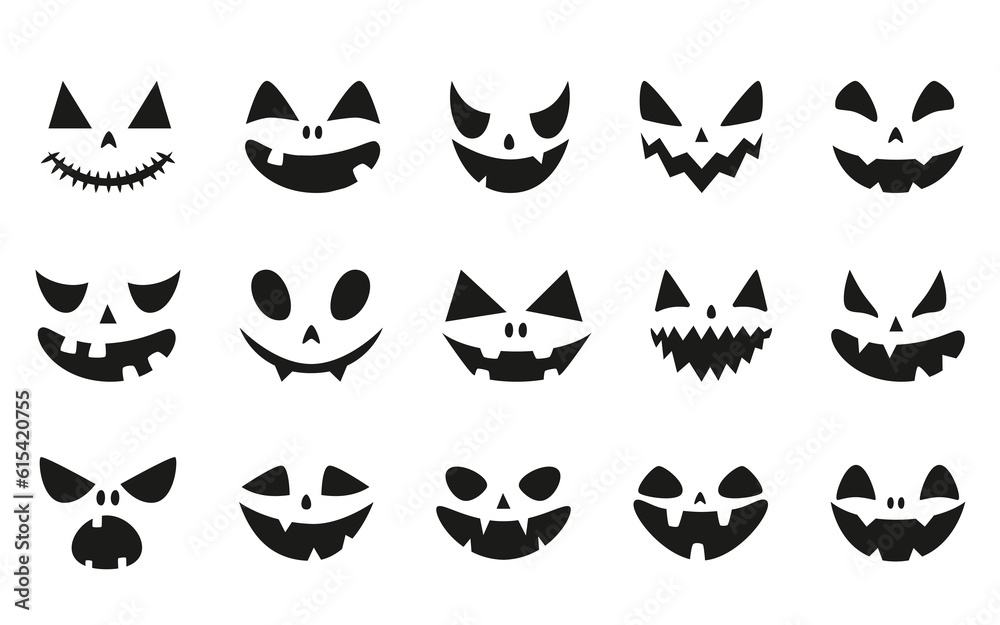 Collection of funny and scary ghost or pumpkin faces for Halloween. Vector illustration isolated on white background