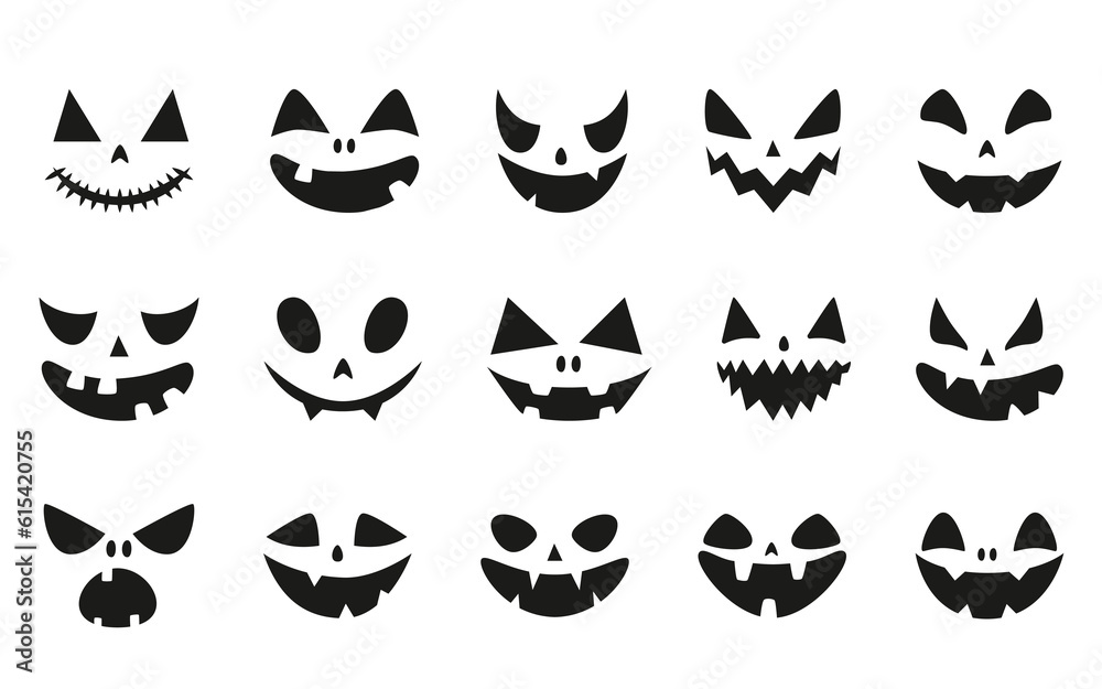 Collection of funny and scary ghost or pumpkin faces for Halloween. Vector illustration isolated on white background Collection of funny and scary ghost or pumpkin faces for Halloween. Vector illustration isolated on white background