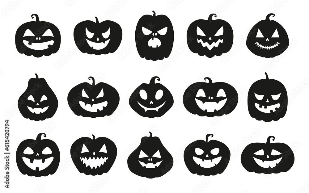 Funny Halloween pumpkin silhouette collection. Vector illustration isolated on a white background - obrazy, fototapety, plakaty 