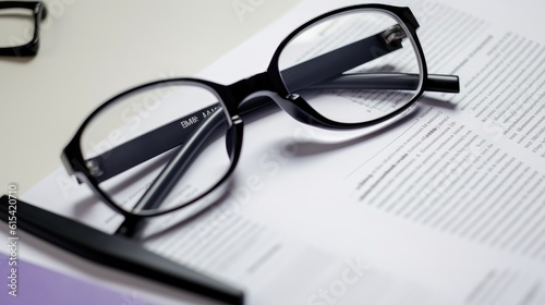 glasses on white background above the document generated ai