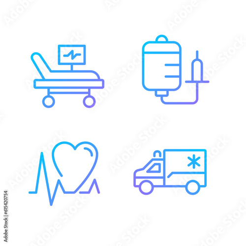 Emergency procedures pixel perfect gradient linear vector icons set. Intensive care. Cardiac resuscitation. Thin line contour symbol designs bundle. Isolated outline illustrations collection
