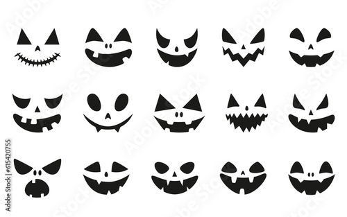 Collection of funny and scary ghost or pumpkin faces for Halloween. Vector illustration isolated on white background