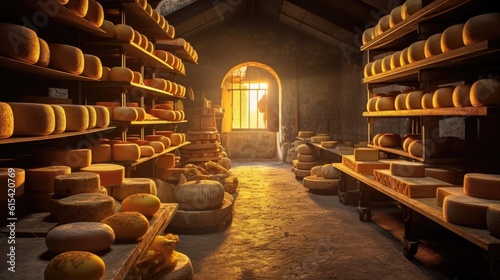 An assortment of flavorful cheese wheels maturing in a cheese factory. Generative AI