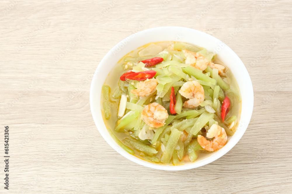 Tumis Labu Siam Udang, spicy stir fry chayote with shrimp, Indonesian traditional food
