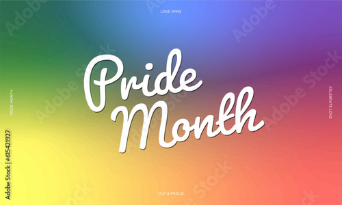 Pride Month Banner on rainbow colored gradient background. For LGBTQ Pride month and inclusivity.  Vector Illustration. EPS 10. For Design elements, poster, cards, social media, banner, web. Love wins