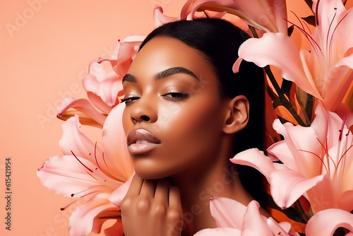 Fashionable beauty portrait of a young African model with lily flowers posing on a pink background, generative AI tools