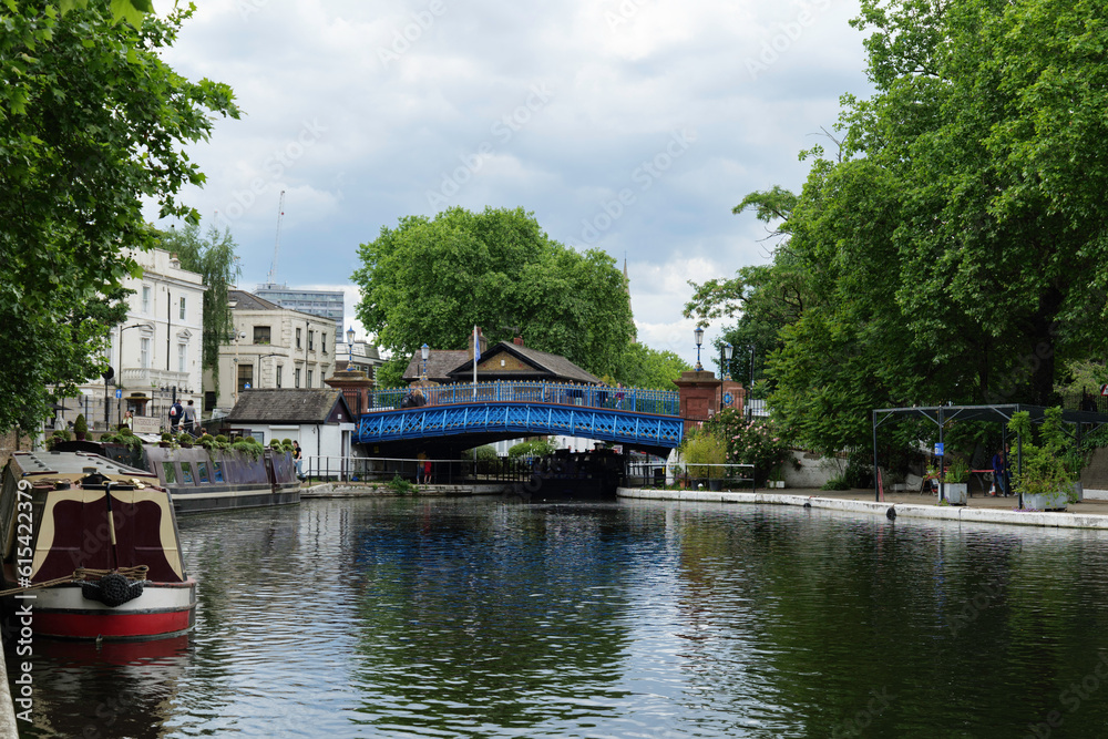 London - 05 28 2022: View of Westbourne Terrace bridge over Grand Union Canal from Little Venice London - 05 28 2022: View of Westbourne Terrace bridge over Grand Union Canal from Little Venice