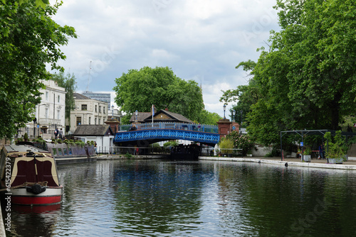 London - 05 28 2022: View of Westbourne Terrace bridge over Grand Union Canal from Little Venice