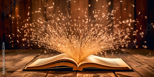 Captivating image of an open book with flying pages, ethereal light spreading on a rustic wooden table, symbolizing the surprise in knowledge and storytelling. Generative AI