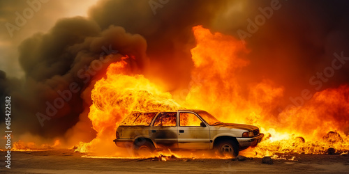 Captivating image of a car engulfed in fierce flames  emanating menacing vibe  intense black smoke contrasting with clear sky highlights severity. Generative AI
