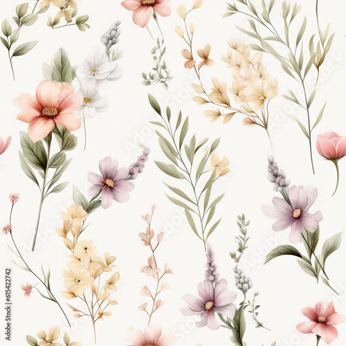 Textured seamless pattern of soft and dreamy wildflowers on a cream background. Generative AI