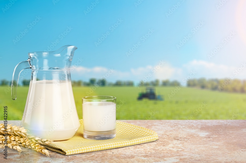 Tasty fresh milk on wooden table in meadow Tasty fresh milk on wooden table in meadow