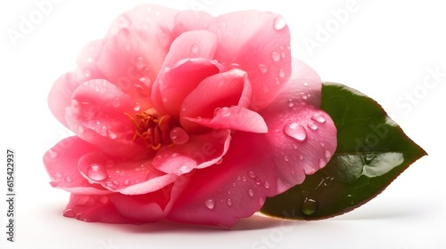 Obraz na plátně Beautiful close up pink Japanese camelia flower with some leaves and some water drops looks fresh laying on white studio shot background