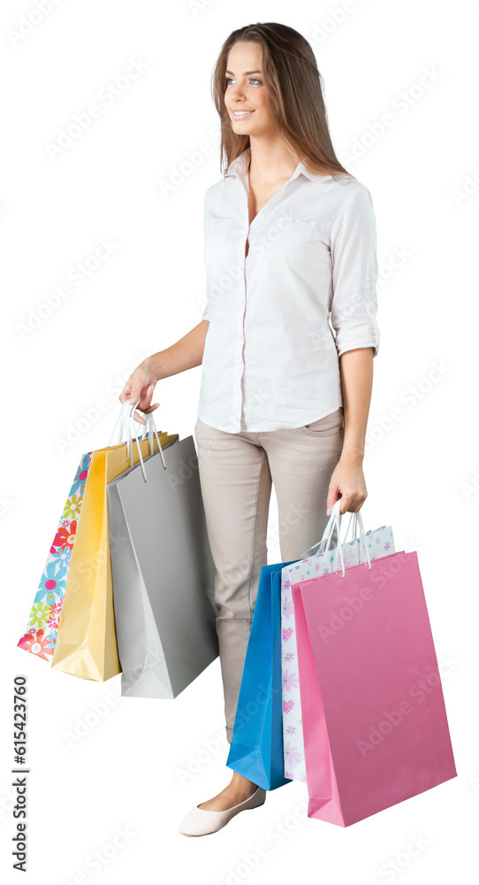 Portrait of a Woman Walking with Shopping Bags