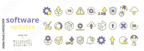 A set of icons for updating application softwarein yellow and purple. Get and unpack updates,  settings, installation, maintenance, danger icon, upgrade, download, configuration, parachute icon.