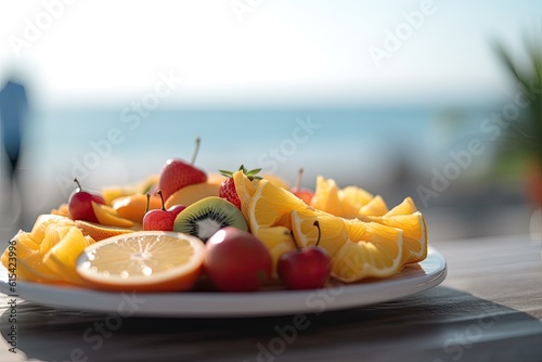 Delicious fruit on a plate on_a sunny summer day on a table at the beach (AI generated)