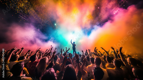 Einzelner Sänger steht auf einer mit bunten Scheinwerfern beleuchteten und vernebelten Bühne vor jubelndem Publikum. AI generated © Maik Meid