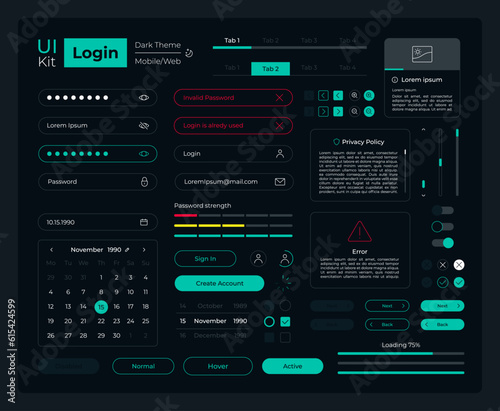 Login UI elements kit. Security setup isolated vector components. Flat navigation menus and interface buttons template. Web design widget collection for mobile application with dark theme
