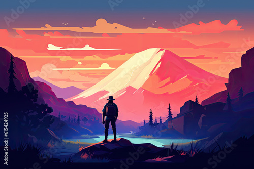 hiking adventure man stand on rock on mountain landscape illustration Generative AI