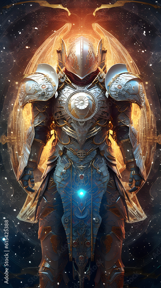 Mythical knight wearing glowing halo and ornate suit of armor, fantasy hero, generative AI