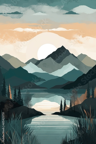 Boho mountains  water and sun landscape illustration. Ai generated