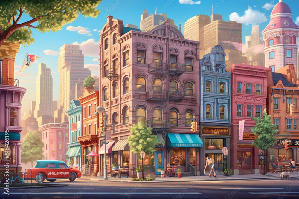 Obraz premium cityscape, street, houses and cars in the style of illustrations