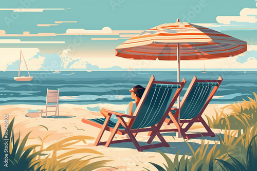 illustration of woman in striped deckchair next to umbrella on the beach