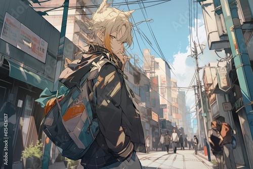 Stylish anime schoolboy on city street