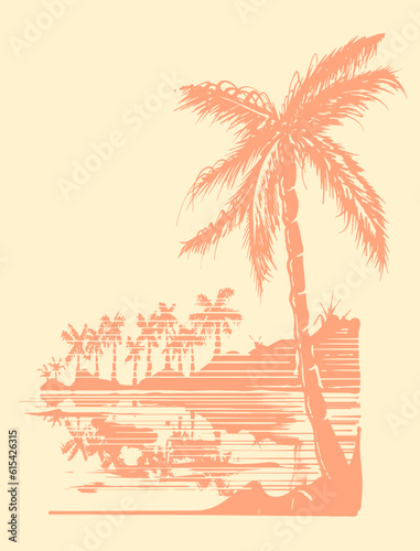 a captivating hand drawn illustration of 80s beach scene with swaying palms, the serene sea, and a breathtaking sunset beach