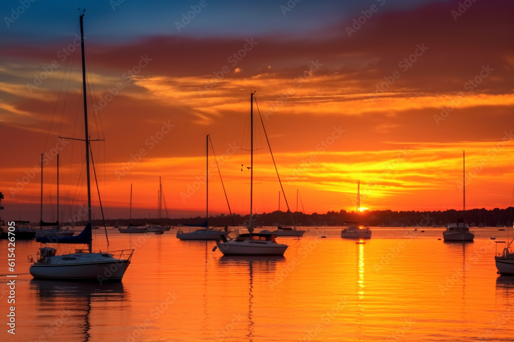 Yachts in golden time sunset in lake