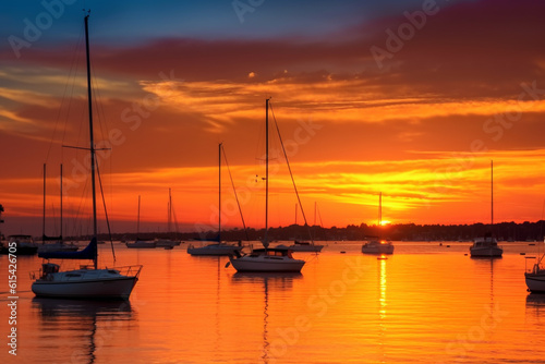 Yachts in golden time sunset in lake