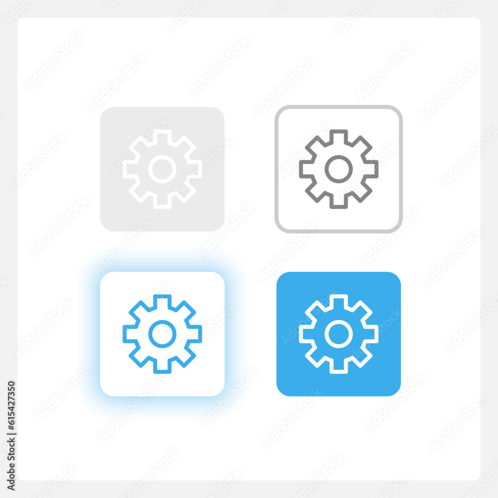 Setting gear UI elements kit. Account configuration isolated vector components. Flat navigation menus and interface buttons template. Light theme web design widget collection for mobile application Setting gear UI elements kit. Account configuration isolated vector components. Flat navigation menus and interface buttons template. Light theme web design widget collection for mobile application