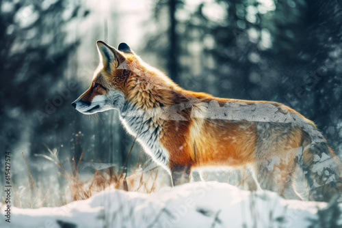 Captivating red fox stalking prey in snowy woods, double exposure style, crisp & icy tones, mysterious winter hunter, site-specific artwork, balanced duality. Generative AI