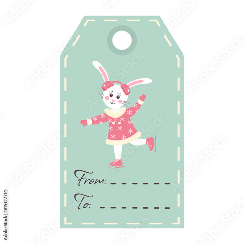 Christmas tag with cute bunny girl on skates. Holiday gift label template.