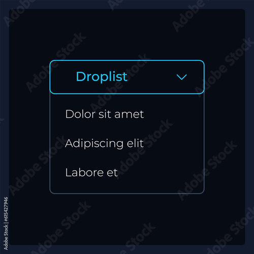Activated dropdown list UI element template. Editable isolated vector dashboard component. Flat user interface. Visual data presentation. Web design widget for mobile application with dark theme