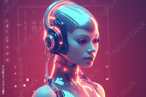 Illustration of a cyborg woman and Ai technology background , AI Generated.