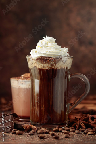 Coffee and hot chocolate with whipped cream.