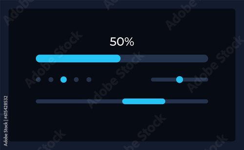 Progress bar and range slider UI element template. Editable isolated vector dashboard component. Flat user interface. Visual data presentation. Web design widget for mobile application with dark theme