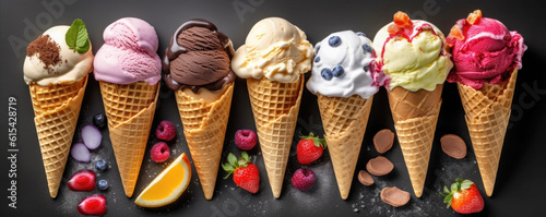 Various of ice cream flavor in cones. wide banner. copy space for text. generative ai