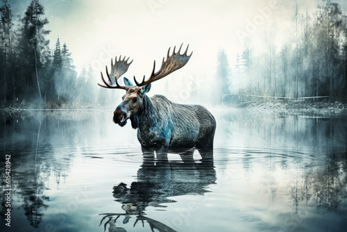 Majestic double exposure elk wading in serene lake, evoking tranquility with gentle giant vibes, reflective tones, and submerged grace - perfect for site-specific art. Generative AI