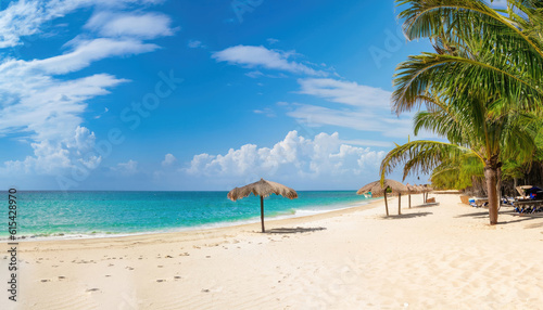 Landscape Wide angle sunny beach with blue sea water, white sand, coconut trees, blue sky with beautiful white clouds, leaf huts