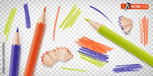 Vector realistic illustration of colored pencils on a transparent background.