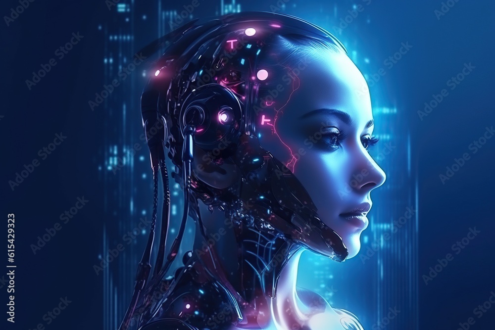 Illustration of a cyborg woman and Ai technology background , AI Generated. Illustration of a cyborg woman and Ai technology background , AI Generated.