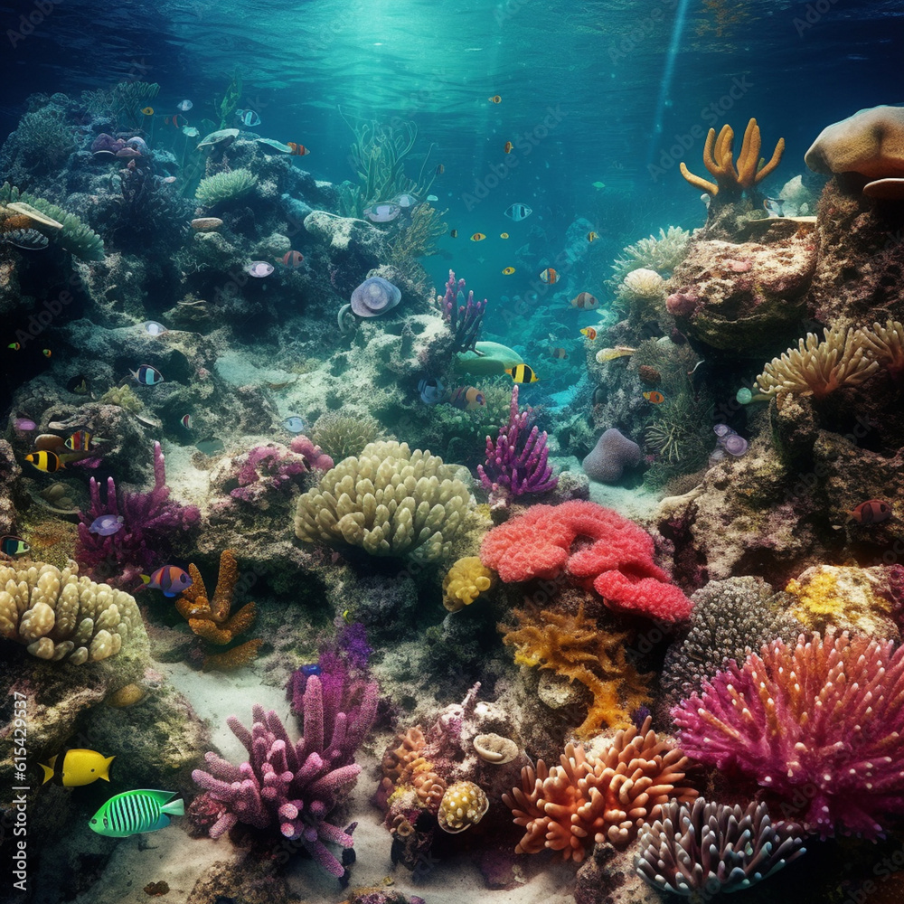 Fondo natural con detalle de rocas y corales de varios tonos, con peces tropicales Fondo natural con detalle de rocas y corales de varios tonos, con peces tropicales