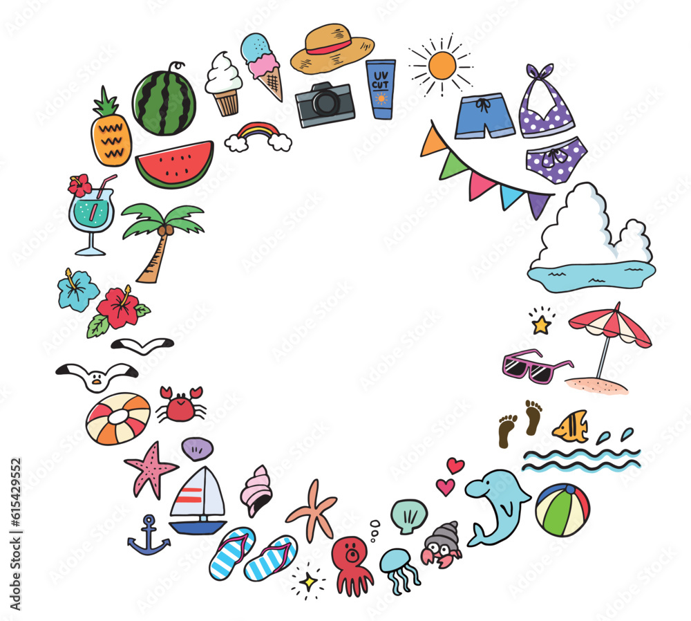 Obraz premium 手描きの夏のアイコンセット