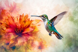 Captivating hummingbird hovering near vibrant flowers, double exposure style, aerial dance, vivid and energetic tones, site-specific artwork, swift precision, nectar emotion. Generative AI